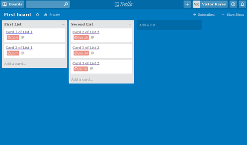 Screenshot of reaction Trello-like project management app