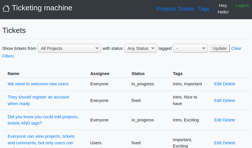 Screenshot of project ticket and comment management app